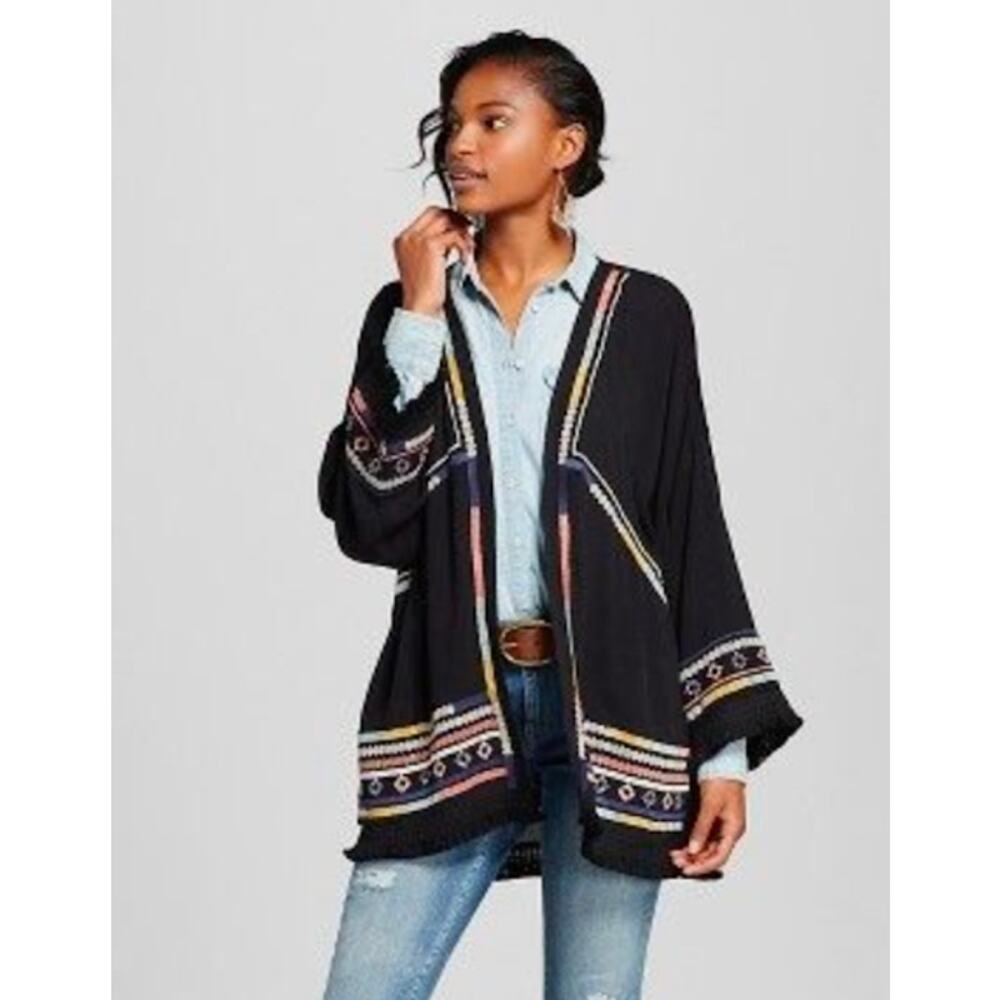 KNOX ROSE Boho black with embroidery open front top XS BOHO Western SouthWestern